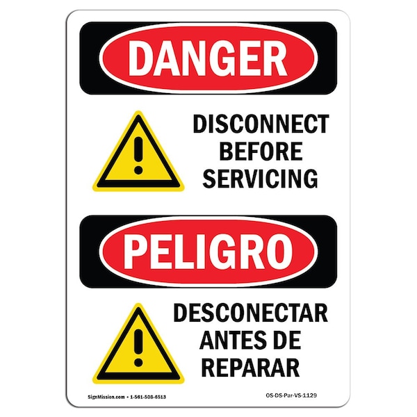 Safety Sign, OSHA Danger, 5" Height, Disconnect Before Servicing Bilingual Spanish, 10PK